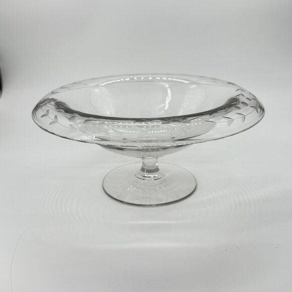 Vintage Etched Glass Pedestal Compote Bowl With Floral Design Clear Glass 6" Wid - Picture 6 of 9